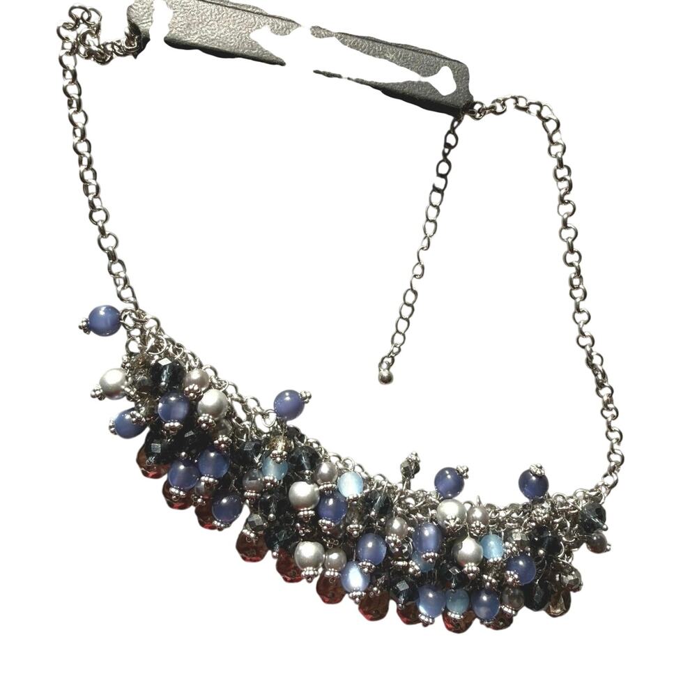 Necklace Cluster bib Blues and silver beads flower pin silver tone  designs